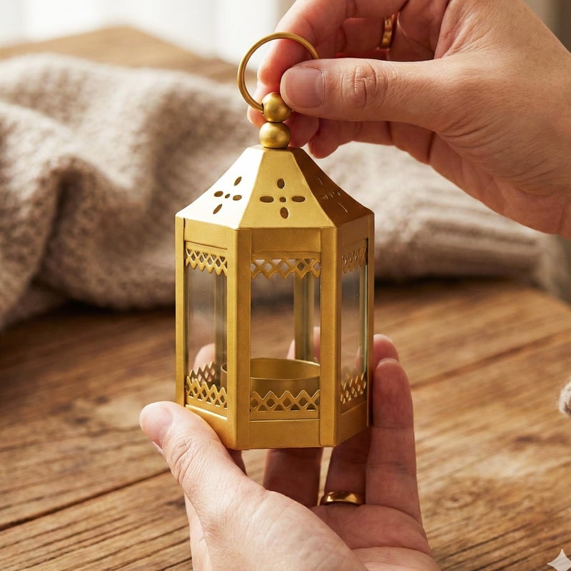 Vela Lanterns Mini Small 4.5 Inch Metal Moroccan Lantern Decorative Candle Tealight Holder for Centerpieces, Home Decor, Weddings, Gold, Set of 6 - Image 4